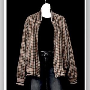 Vintage Black Tan & Red Plaid Checkered Zipper Bomber Track Chore Jacket Sz L